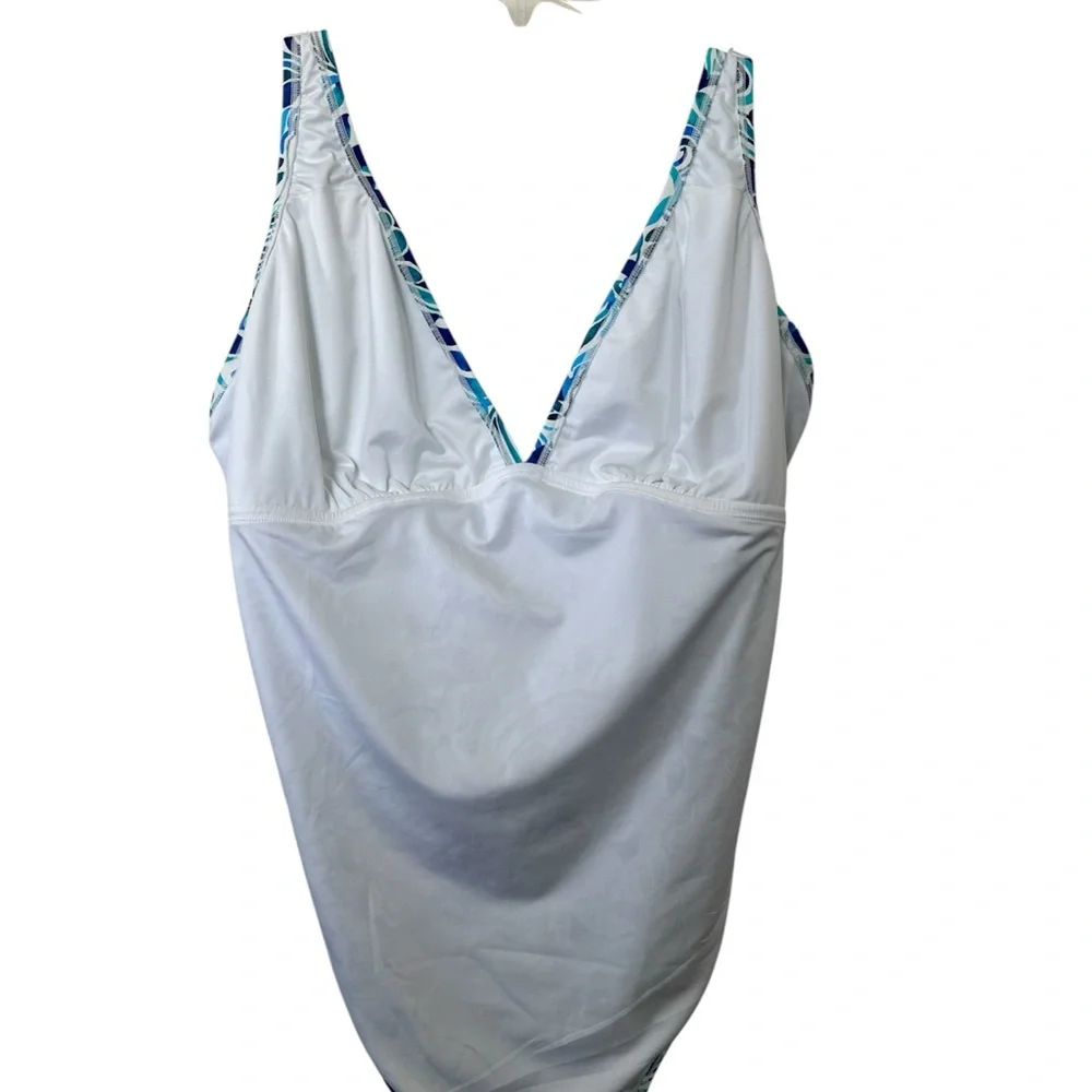 VENUS Maldives Plunge One Piece Swimsuit in Blue and White Pattern